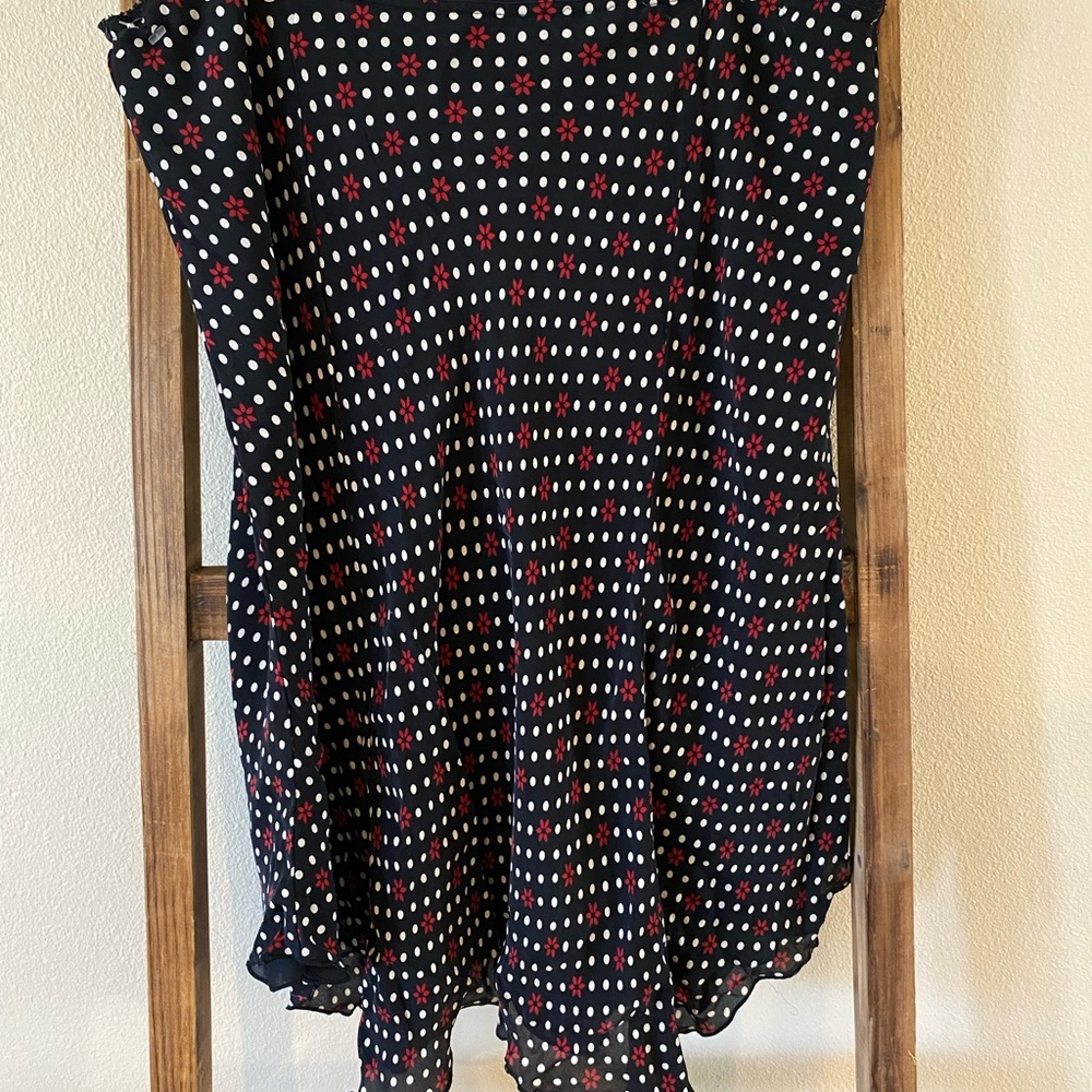 Hillard & Hanson Black Dress with White Polka Dots and Red Floral Accents